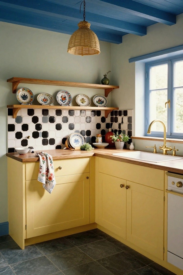 Corner kitchen with pale yellow lower cabinets, wooden countertop and shelves displaying plates, black and white hexagonal backsplash tiles, rattan pendant light from blue beamed ceiling, white sink with gold faucet, and blue window frame.