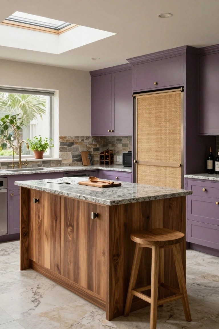 Modern kitchen interior with purple cabinets, wooden island topped with gray granite, bamboo-covered refrigerator door, skylight overhead, and plants near a window.