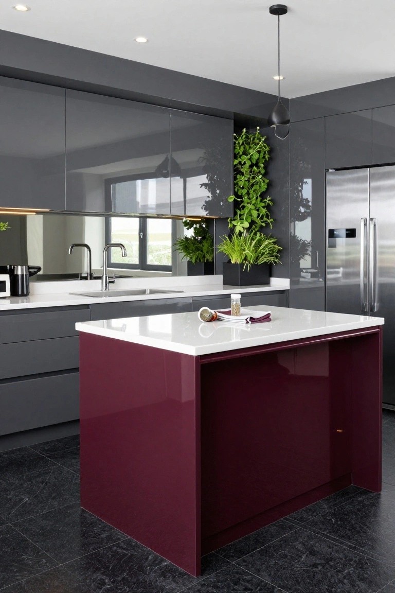 Modern kitchen featuring glossy gray upper cabinets, deep purple glossy island cabinets with white quartz countertop, stainless steel refrigerator and sink, potted plants, and black tile flooring.