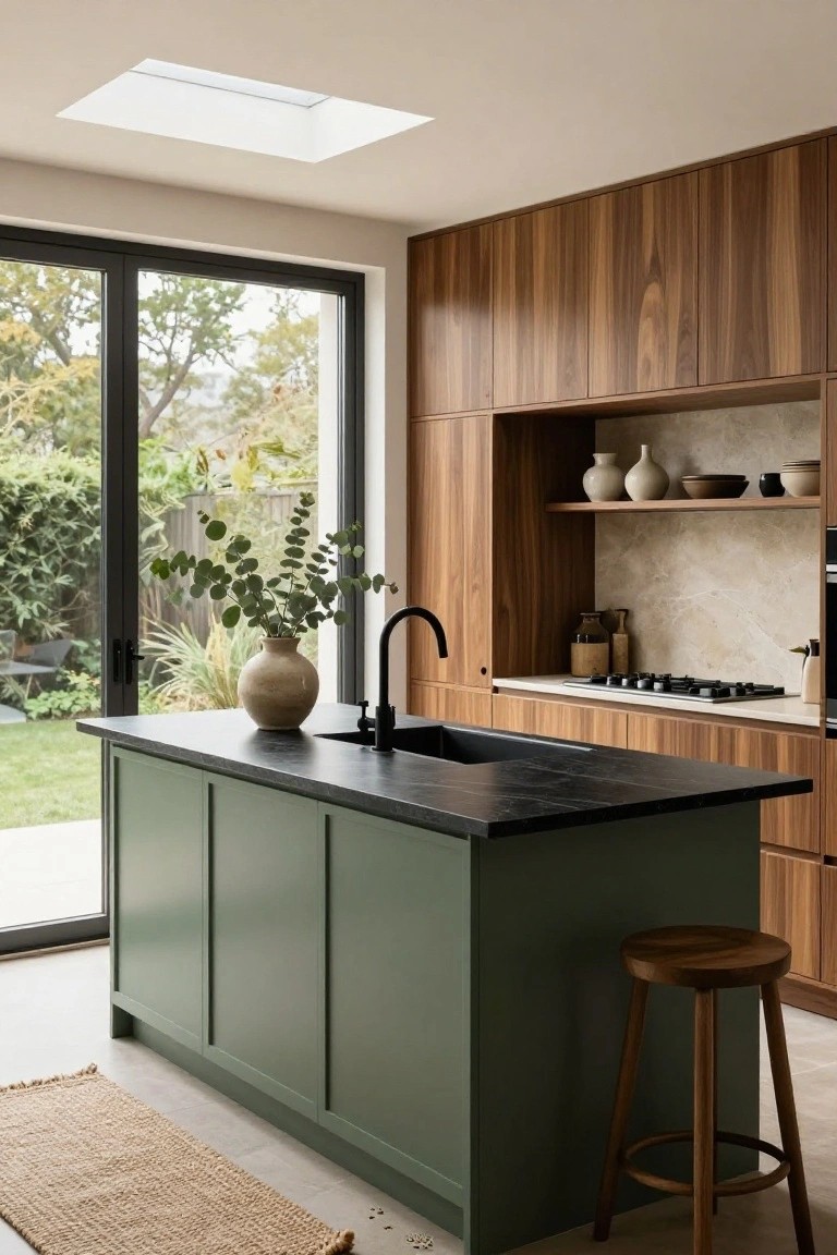 Kitchen interior featuring walnut wood upper cabinets, sage green island cabinets with black countertop and sink, black faucet, potted plants, and sliding glass doors opening to a garden.