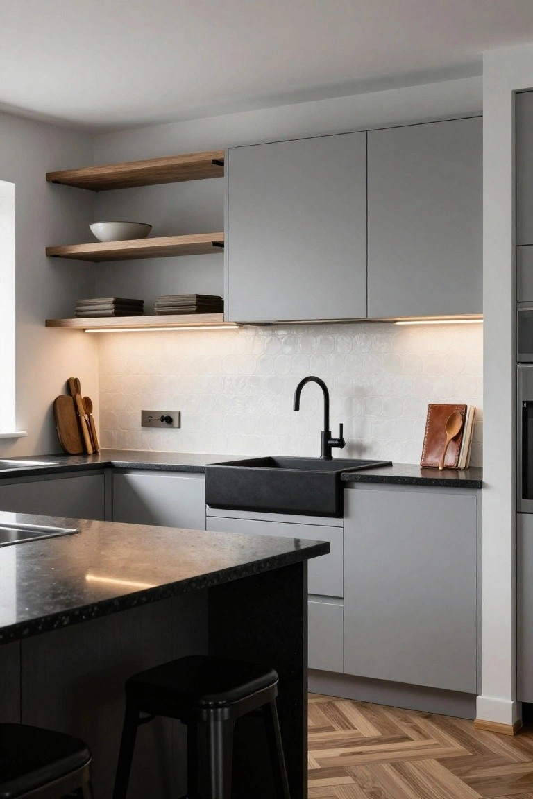 Modern kitchen interior with light grey flat-panel cabinets, black farmhouse sink on dark granite counters, open wood shelves above a textured white backsplash, black bar stools at a central island, and herringbone wood flooring.