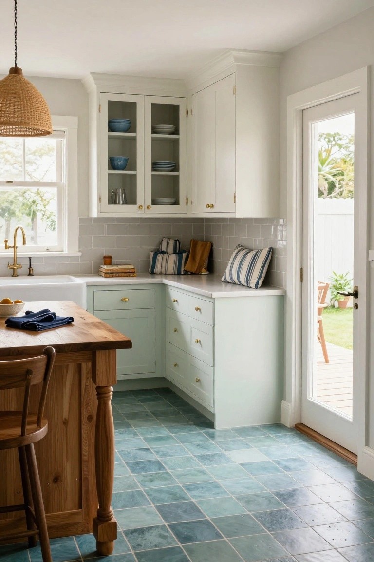 Kitchen corner with pale sage green lower cabinets, white upper cabinets with glass doors displaying blue bowls and plates, wooden island with stools, farmhouse sink, gray subway tile backsplash, blue tiled floor, and glass door to backyard.