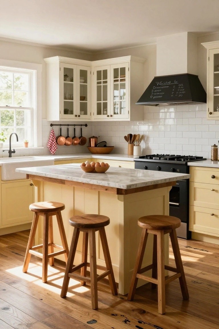 A kitchen with pale yellow lower cabinets, white upper cabinets with glass doors, a central marble-topped island with wooden stools, white subway tile backsplash, and a black chalkboard range hood.