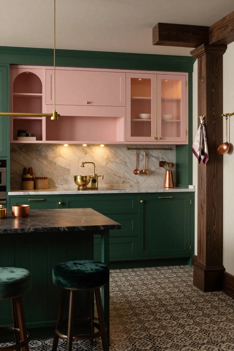 Kitchen with dark green lower cabinets and island counter, blush pink upper cabinets with glass doors and arched design, brass lighting and faucet, marble backsplash and counters, copper pots, and green velvet stools.