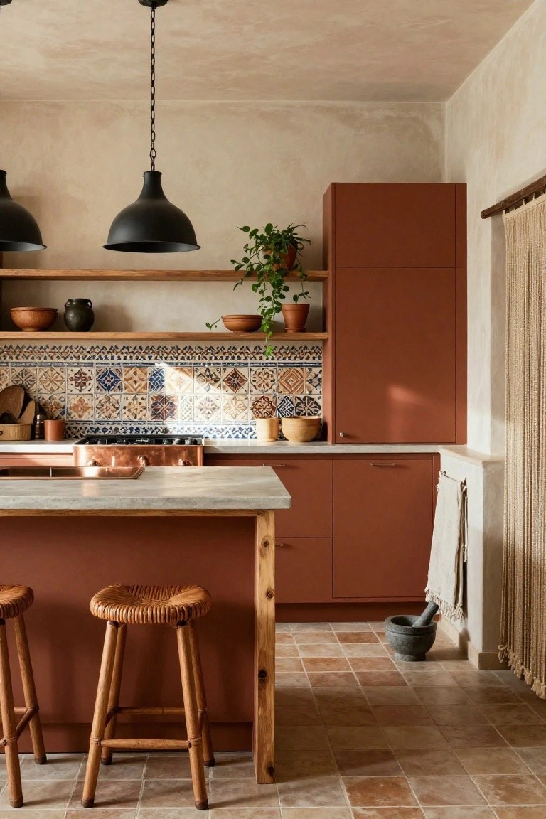 Kitchen interior with terracotta cabinets, colorful blue and white tiled backsplash, wooden open shelves holding pottery, copper cooktop, white quartz island with wooden base, rattan bar stools, black pendant lights, and terracotta tile floor.