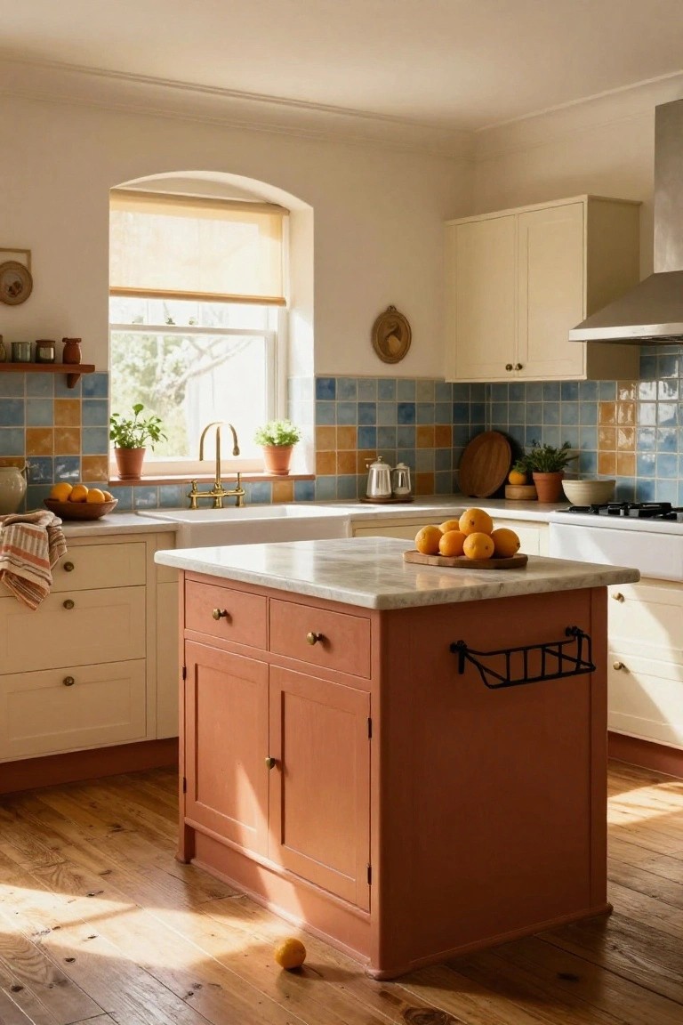 Kitchen with terracotta-painted central island topped by white marble, cream cabinets, blue and orange tiled backsplash, brass faucet over white sink, wooden floors, and oranges on counters.