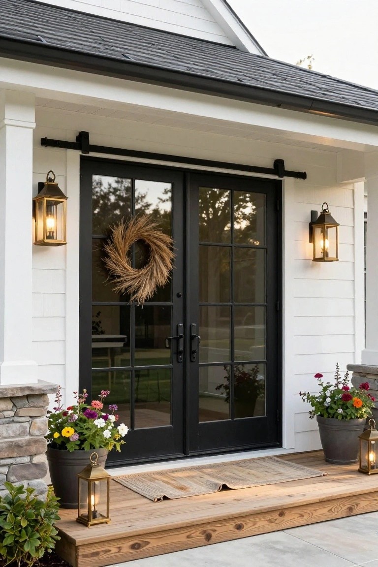 White shiplap house exterior with black sliding glass doors featuring grid panes on an overhead track, flanked by brass lanterns, a wheat wreath on the doors, potted flowers in gray containers, and a wooden porch step.