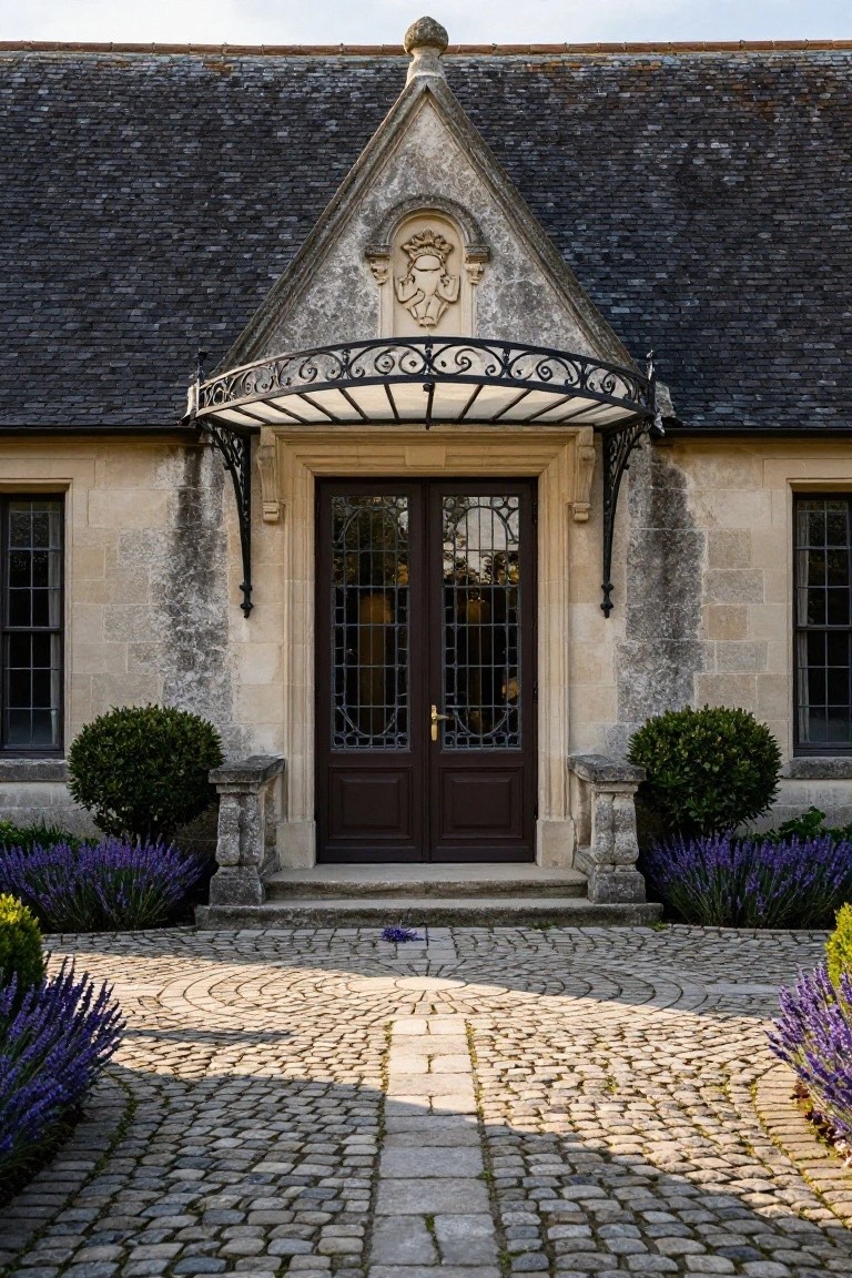 Stone house facade with a peaked gable, ornate black wrought-iron canopy over dark wood double doors with glass panels, flanked by boxwood shrubs and lavender plants bordering a circular cobblestone path.