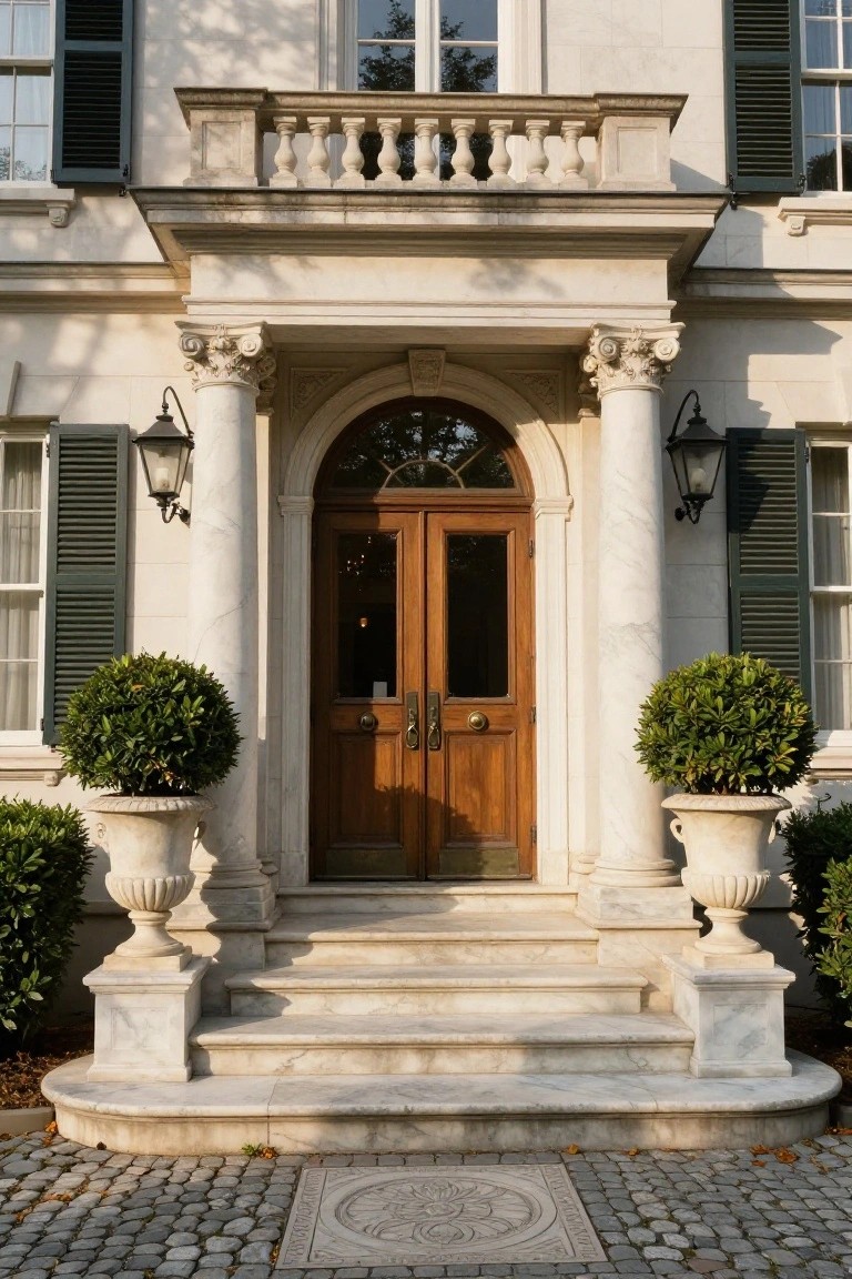 White marble mansion entrance with Corinthian columns supporting a pediment, arched wooden double doors, wall lanterns, curved steps, large urns with topiary boxwood plants, green shutters on windows, and cobblestone paving.