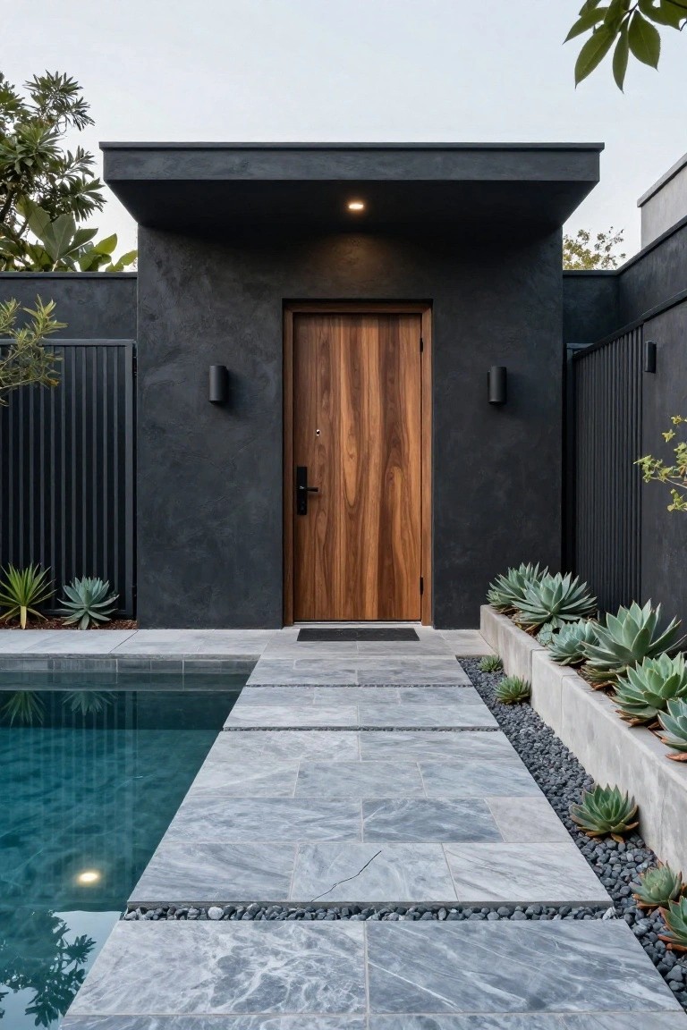 Close-up of a modern house entrance with matte black stucco walls, a tall wooden door, black cylindrical wall lights, vertical slat fencing, agave plants in concrete planters, and a gray stone pathway beside a small pool.