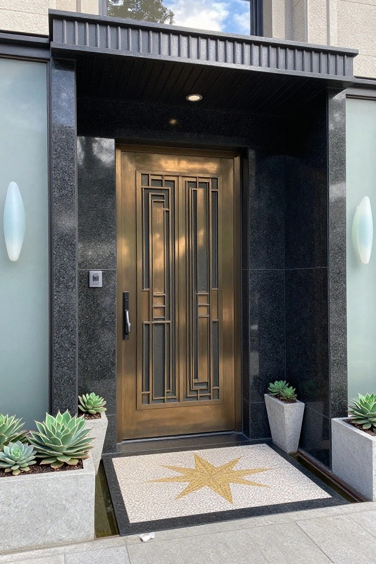 Mansion entrance with tall bronze door featuring geometric grille patterns, flanked by black granite panels and frosted glass, frosted sconces, potted succulents in concrete planters, and gold star mosaic tile mat on stone landing.