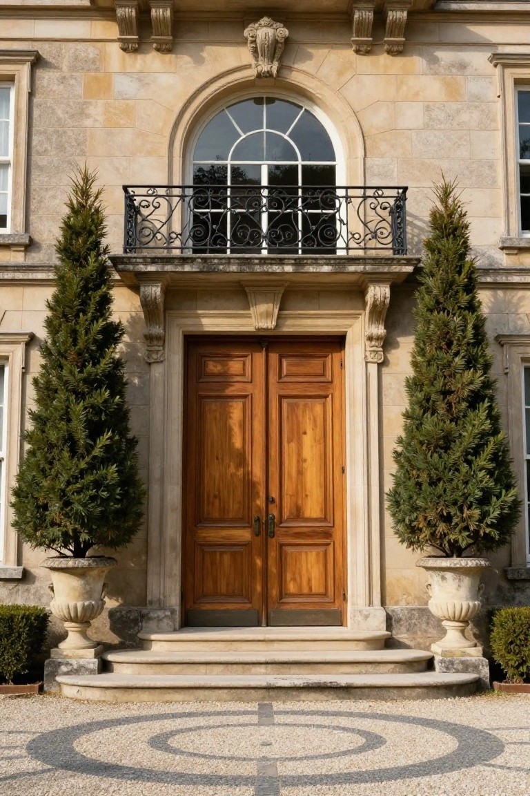 Stone mansion entrance with double wooden doors centered under an arch, flanked by tall potted cypress trees in urns, balcony above, steps leading to a gravel forecourt with circular pattern.