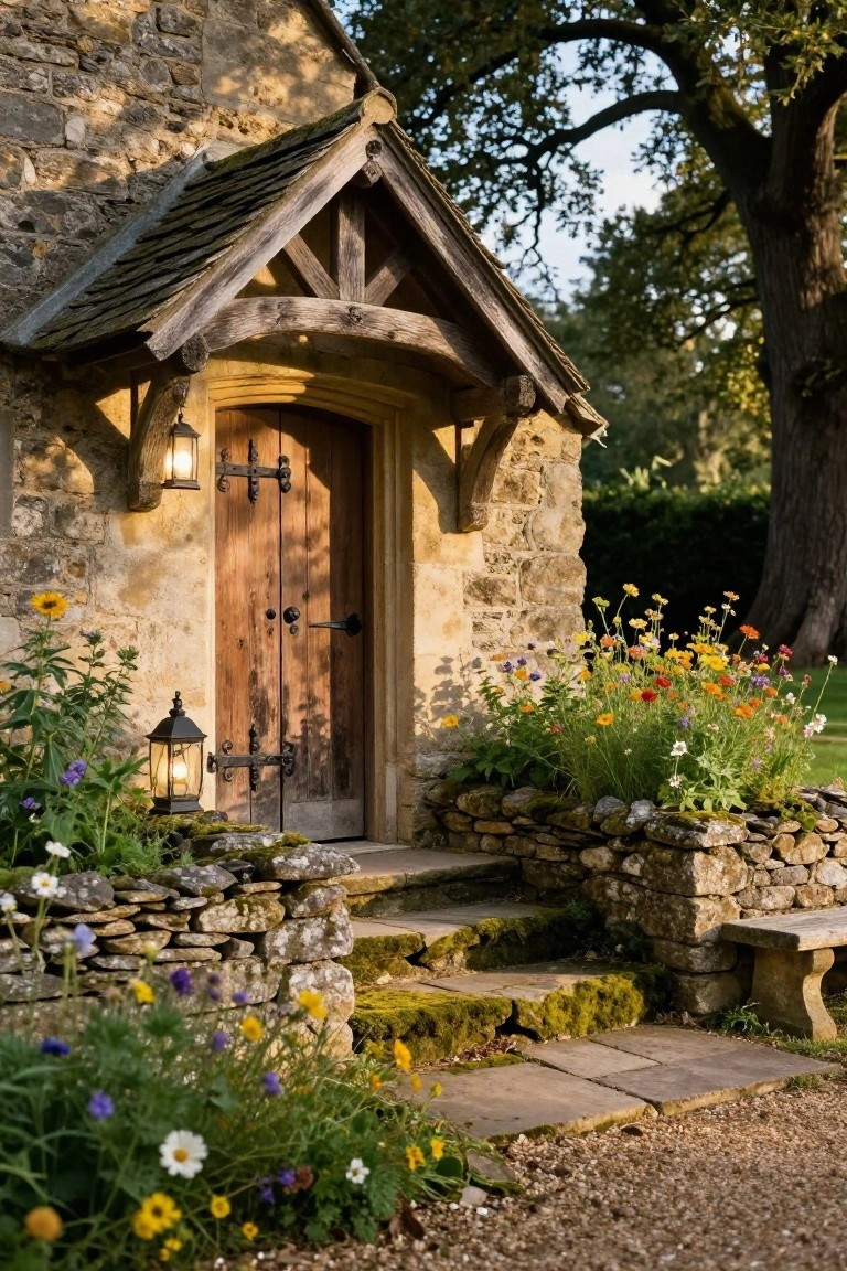 Stone cottage wall with arched timber porch over a dark wooden door flanked by lanterns, stone steps leading up, flower beds with colorful blooms, and a gravel path in front.