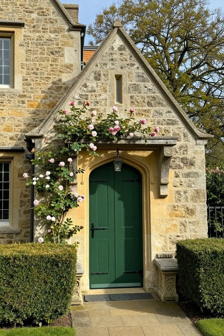 Close-up of a stone house porch gable with arched green double doors, pink climbing roses draping over the stonework, boxwood hedges flanking the entry, and a stone bench nearby.