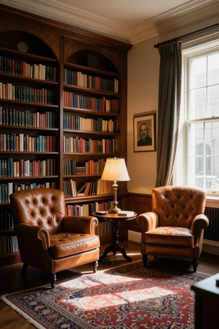 Wood-paneled library room with tall bookshelves filled with books, two tan leather armchairs around a small round table topped with a lamp, a large window with gray curtains, and a red and blue patterned rug on the hardwood floor.