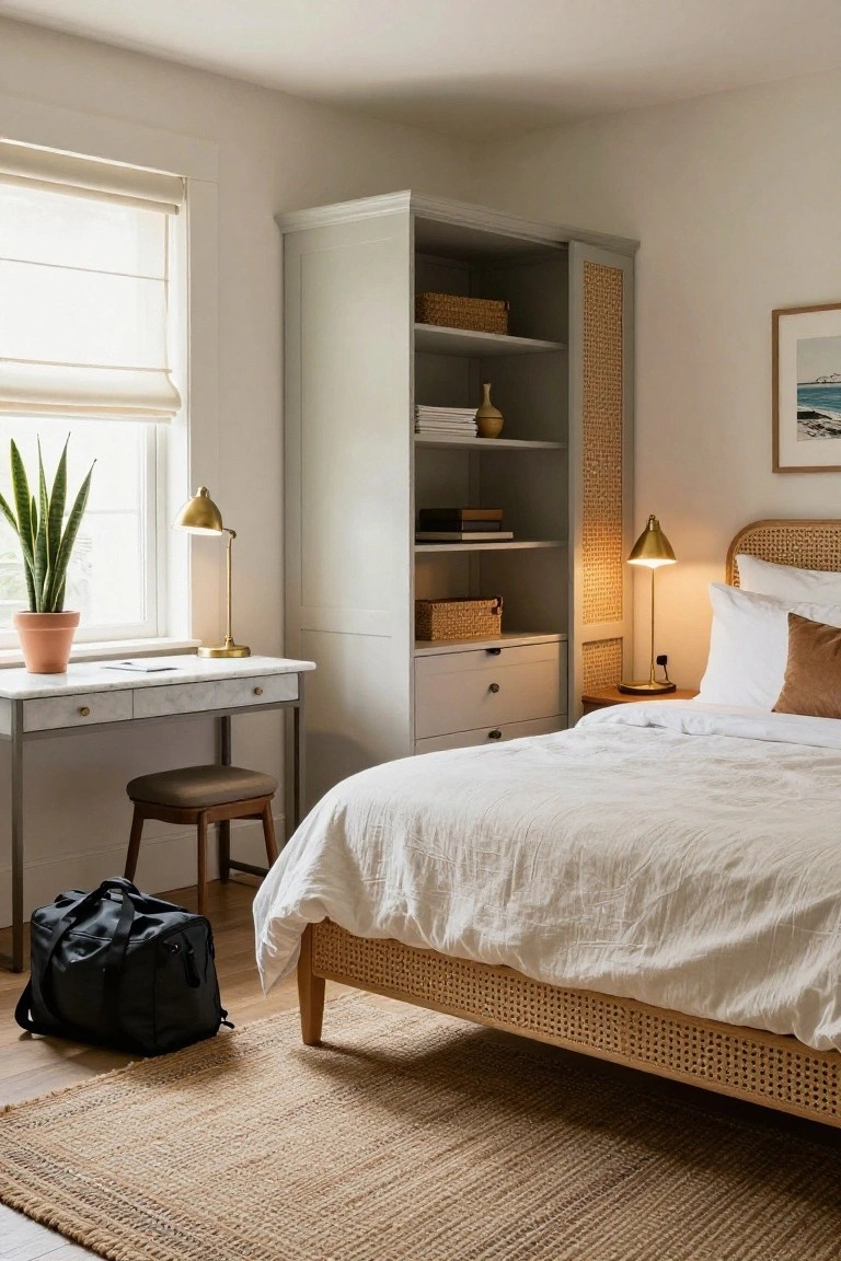 A bedroom corner with a tall grey wardrobe featuring cane door panels and shelves, rattan headboard bed with white linens, marble-top desk on metal legs with wood stool, potted snake plant, and jute rug on wood floor.