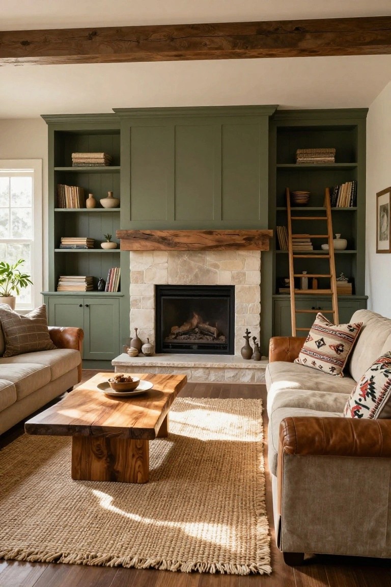 A living room with sage green built-in cabinets and open bookshelves flanking a stone fireplace topped by a thick wooden beam mantel, a cream sofa with leather arms and patterned pillows, a wooden coffee table, and a seagrass rug on wood floors.