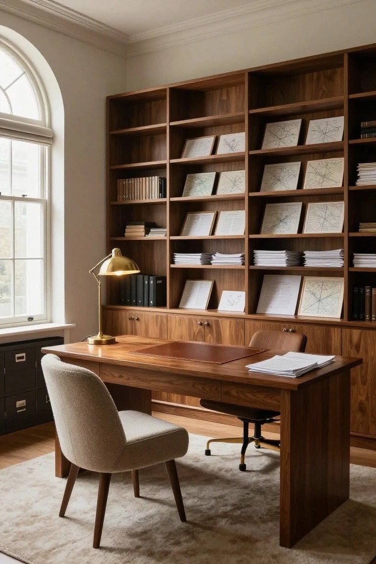 A study with tall walnut wood built-in bookshelves filled with books, papers, and framed maps, a wooden desk with leather top and papers, a cream upholstered chair, brass lamp, and arched window with blinds.