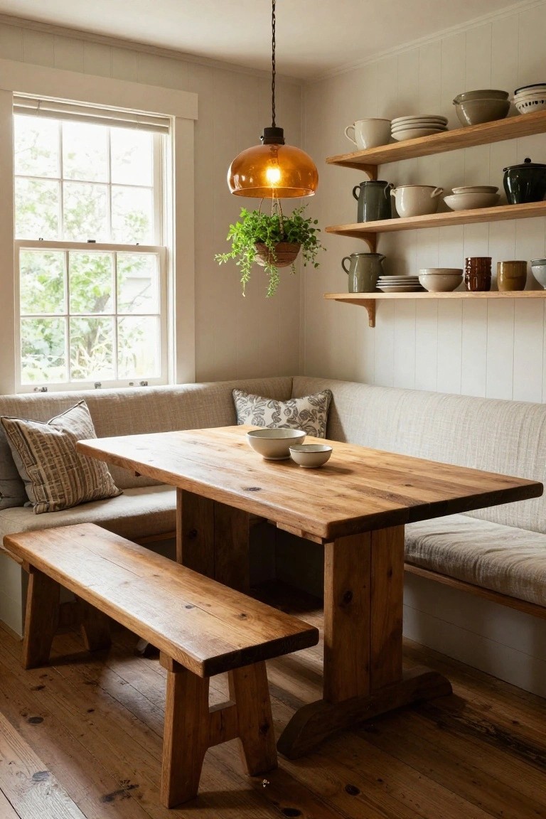 Kitchen corner with rectangular wooden table, one side against cushioned linen banquette and the other with matching wooden bench, open wooden shelves holding ceramics and bowls, hanging amber pendant light, potted plant, and large window with sheer shades.
