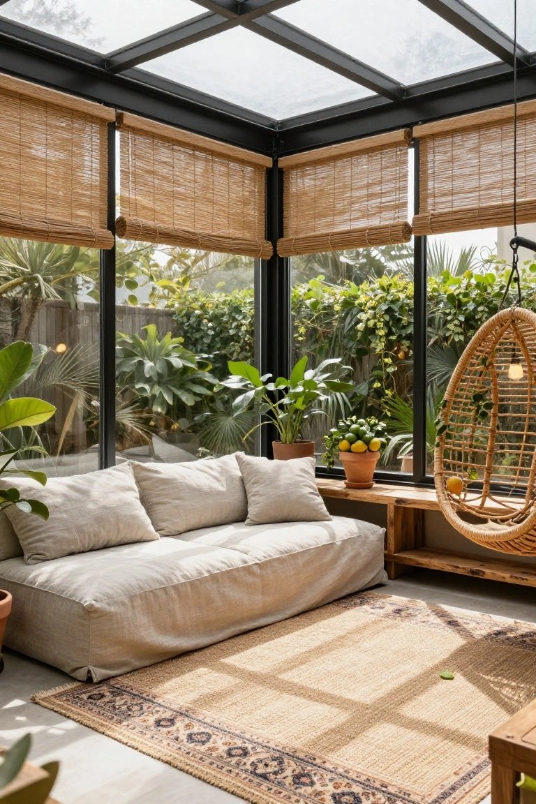 Sunroom interior with glass roof and black-framed glass walls covered in bamboo blinds, beige linen sofa on wood bench, hanging rattan chair with bulb, potted plants including palms and lemon tree, and lush garden view.