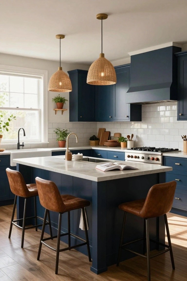 Kitchen interior with navy blue cabinets, white quartz island seating four brown leather barstools, rattan pendant lights, white subway tile backsplash, stainless steel gas range, and farmhouse sink.