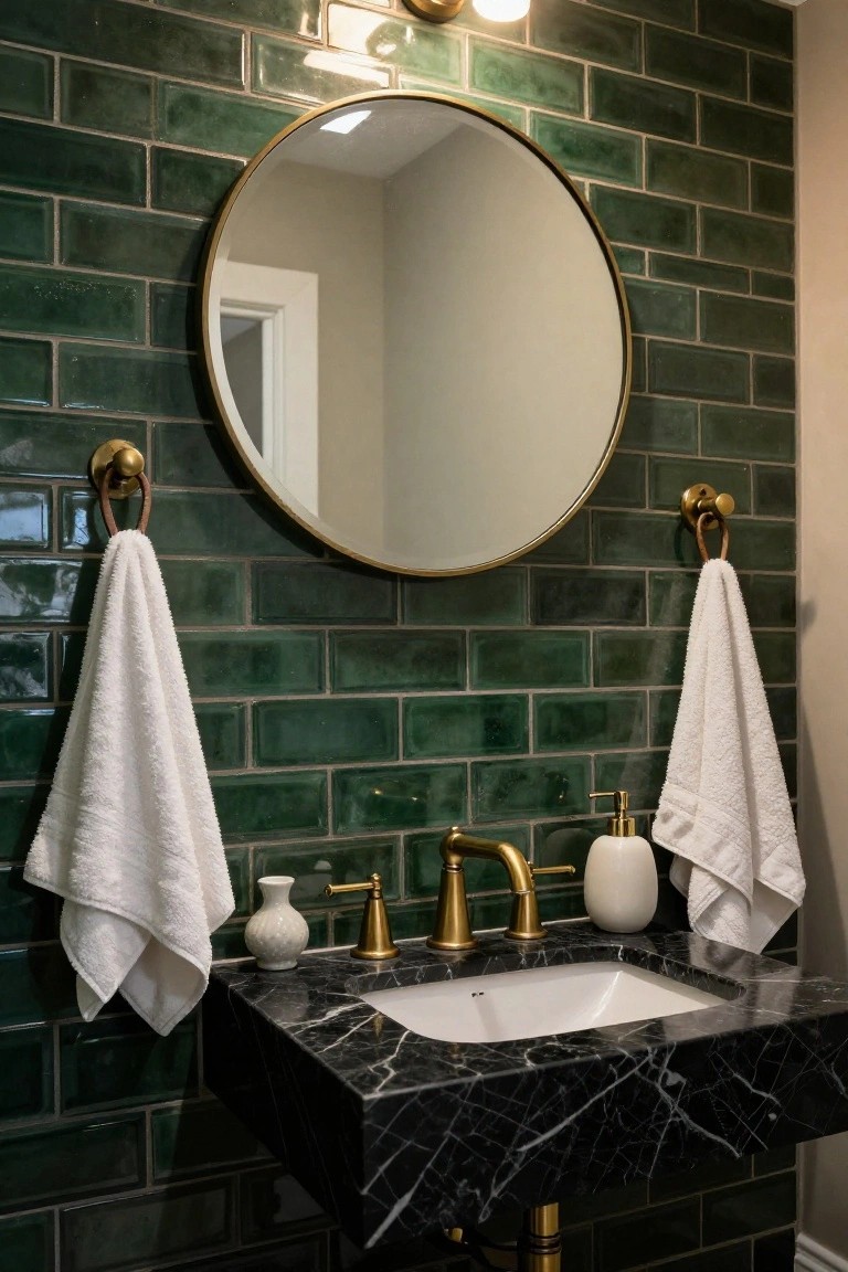 Bathroom vanity with black marble top and undermount sink, gold faucet, white soap dispenser and vase, round gold mirror on glossy green subway tile wall, white towels on gold hooks with leather straps, brass wall sconces lit.