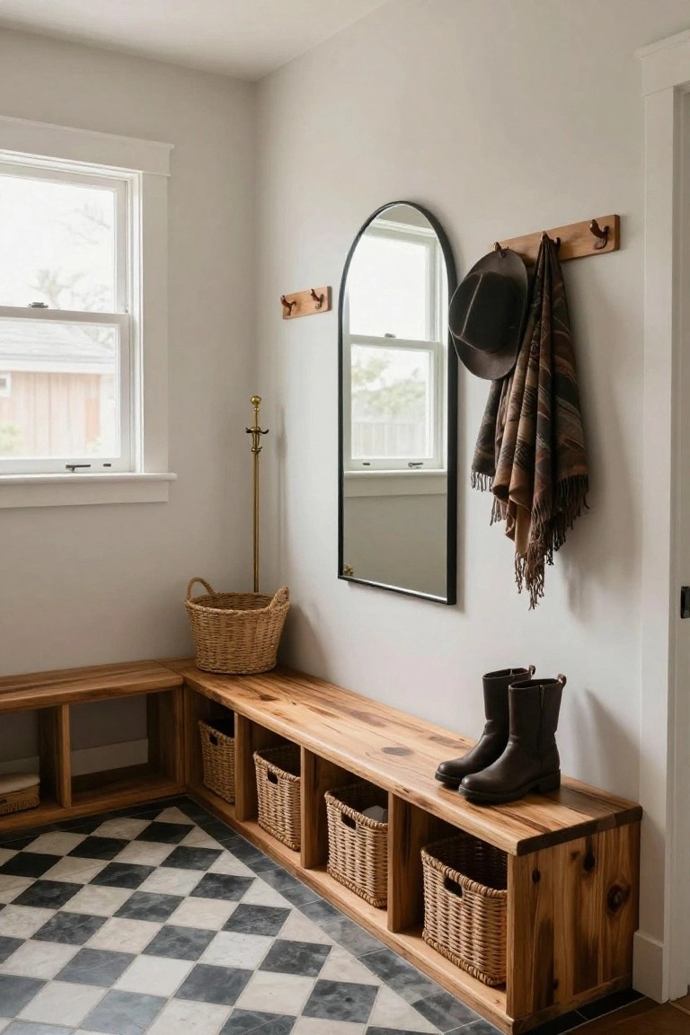Corner interior entryway with L-shaped wooden bench, cubbies holding wicker baskets, tall brown boots on bench seat, black arched mirror on wall, wooden hooks with hat and scarf, gold standing coat rack, wicker floor basket, and black-and-white checkered tile floor.