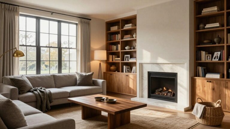 A living room interior with wooden built-in bookshelves flanking a lit gas fireplace in a white marble surround, beige sofa, wooden coffee table, and large windows with sheer curtains.
