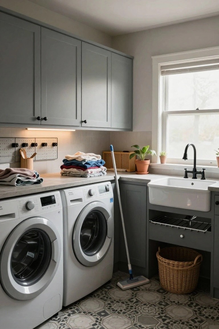Gray shaker cabinets above two side-by-side white front-loading washing machines and a white farmhouse sink on a quartz countertop in a laundry room with patterned tile floor and wicker basket.