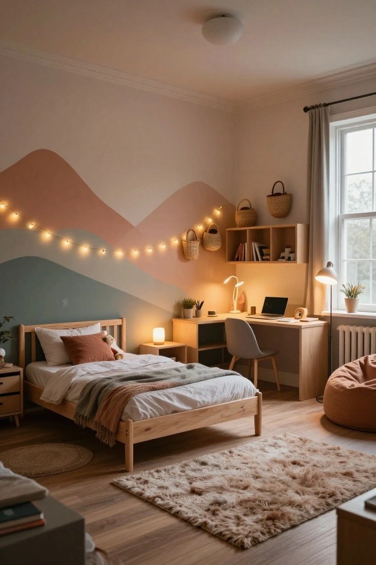A bedroom with an abstract painted mountain landscape in pastel pink, peach, teal, and white on one wall, string lights along the peaks, wooden bed with white bedding and throw blankets, desk with laptop and chair, plants, and woven baskets on shelves.