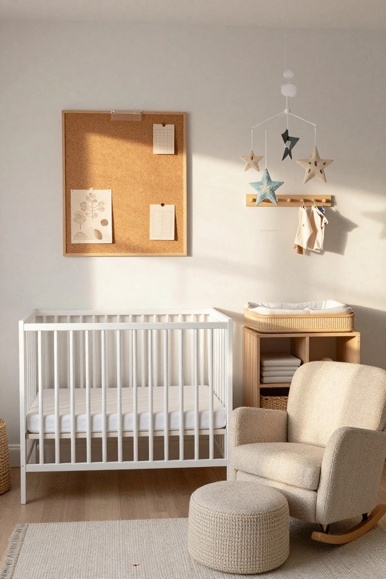 Nursery room with white crib, wooden dresser topped by rattan changing pad, beige upholstered rocking chair and ottoman, star-shaped mobile hanging above crib, corkboard on wall, and clothes hung on wooden rail.