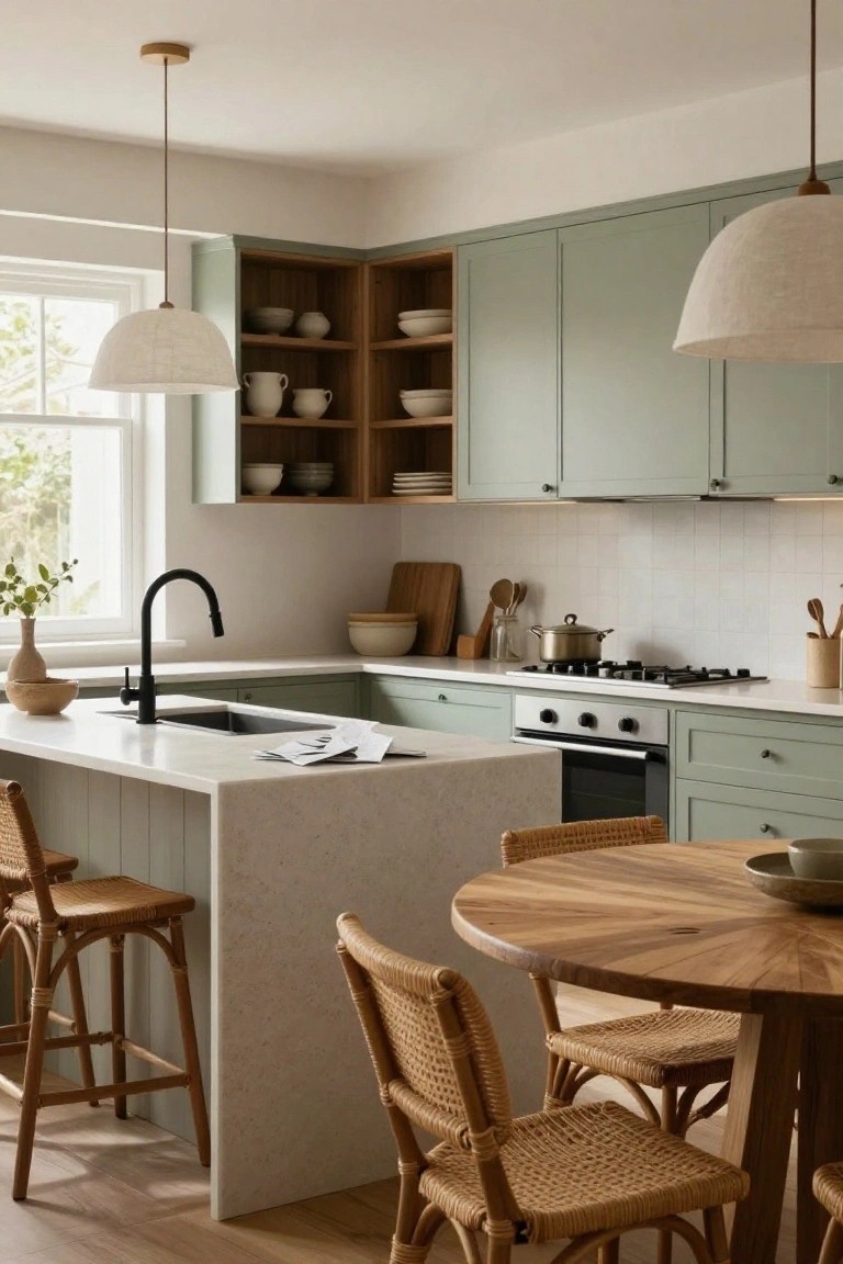 A spacious kitchen with sage green cabinets, white quartz island and counters, black pull-down faucet, rattan bar stools at the island, and a round wooden dining table with rattan chairs nearby.
