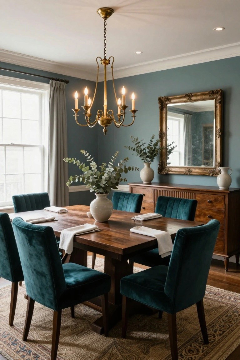 A dining room with a rectangular wooden table surrounded by six teal velvet upholstered chairs, a brass chandelier overhead, teal walls, a wooden credenza with white vases of eucalyptus, and a large ornate mirror.