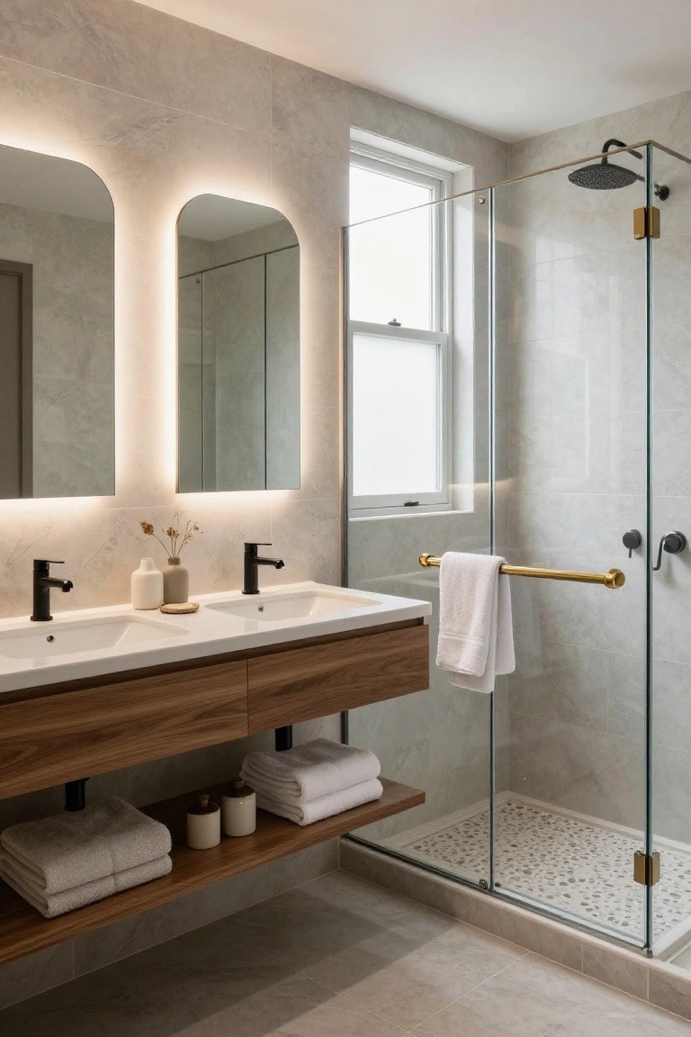 Modern bathroom with light gray stone tile walls, double white sinks on a floating wooden vanity, two arched backlit mirrors, glass shower enclosure with brass hardware, and pebble tile shower floor.