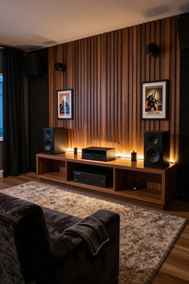 Home media room featuring a tall wood slat accent wall behind black bookshelf speakers and AV receiver on a wooden credenza, with black wall speakers, framed posters, a gray rug, and dark velvet sofa in front.