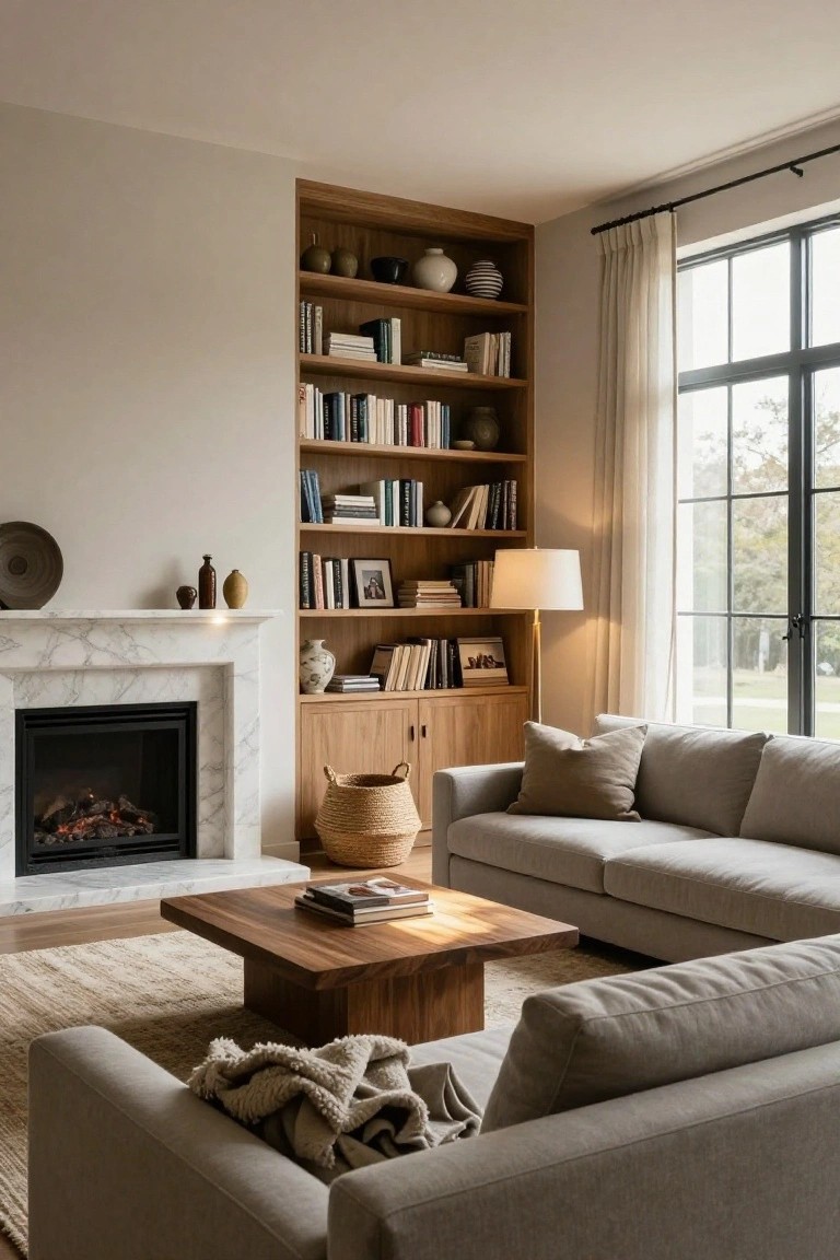 A living room interior with wooden built-in bookshelves flanking a lit gas fireplace in a white marble surround, beige sofa, wooden coffee table, and large windows with sheer curtains.