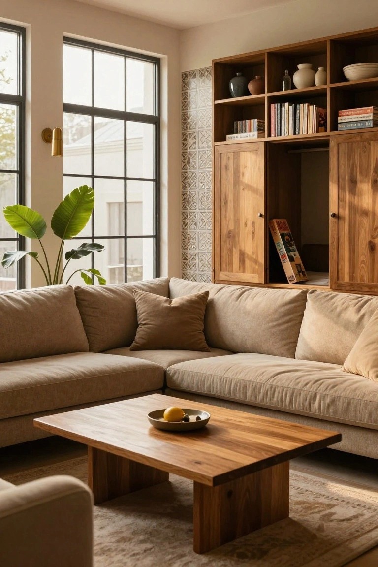 A beige L-shaped sofa in a light-filled living room with wooden built-in shelves stocked with books and ceramics, wooden cabinets, a low wooden coffee table holding a dish of fruit, a large potted plant, and large black-framed windows.