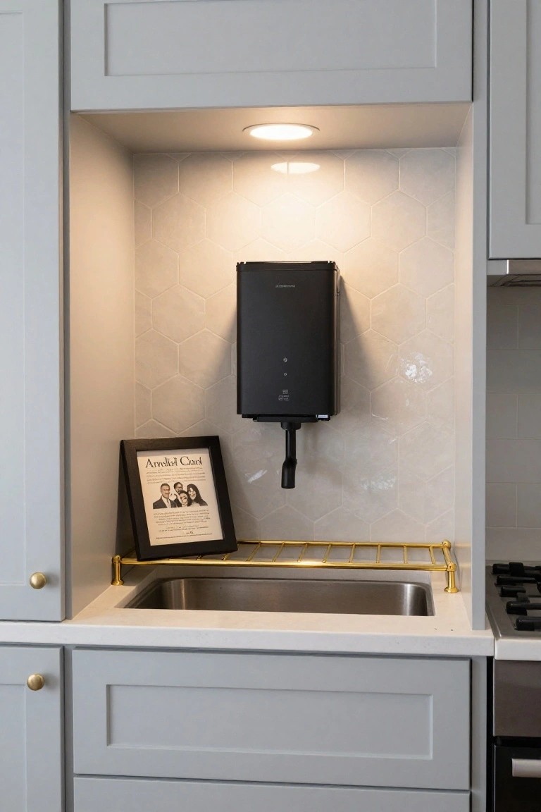 Kitchen sink area with light gray shaker-style cabinets, white hexagonal tile backsplash containing a recessed niche with black wall-mounted dispenser and black-framed photo, gold metal rack over stainless steel sink, brass hardware, and gas stovetop nearby.