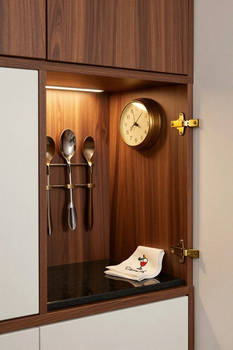 Open wood cabinet door with brass rack holding three metallic spoons, gold clock mounted nearby, LED strip lighting above, and embroidered cocktail napkin on black shelf below.