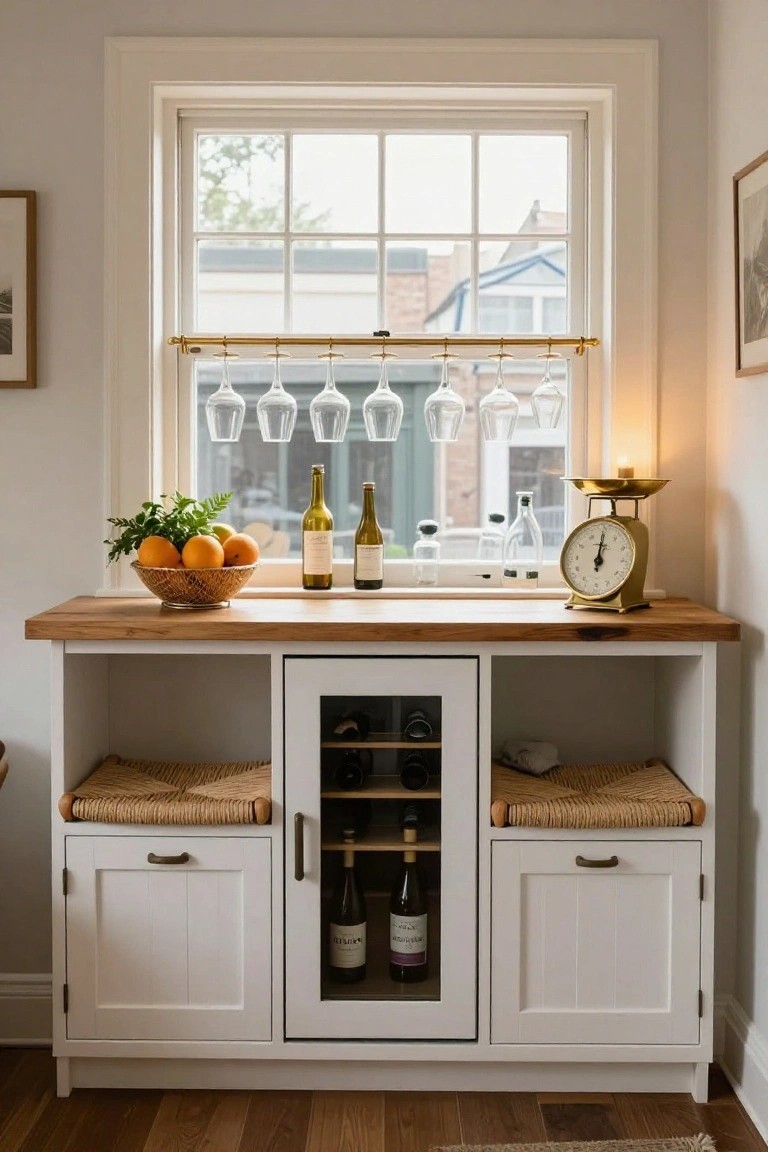 White wooden bar cabinet with butcher block countertop, glass-fronted wine storage, hanging wine glasses above a window, bowl of oranges, brass scale, and wicker seats on sides in a light interior space.