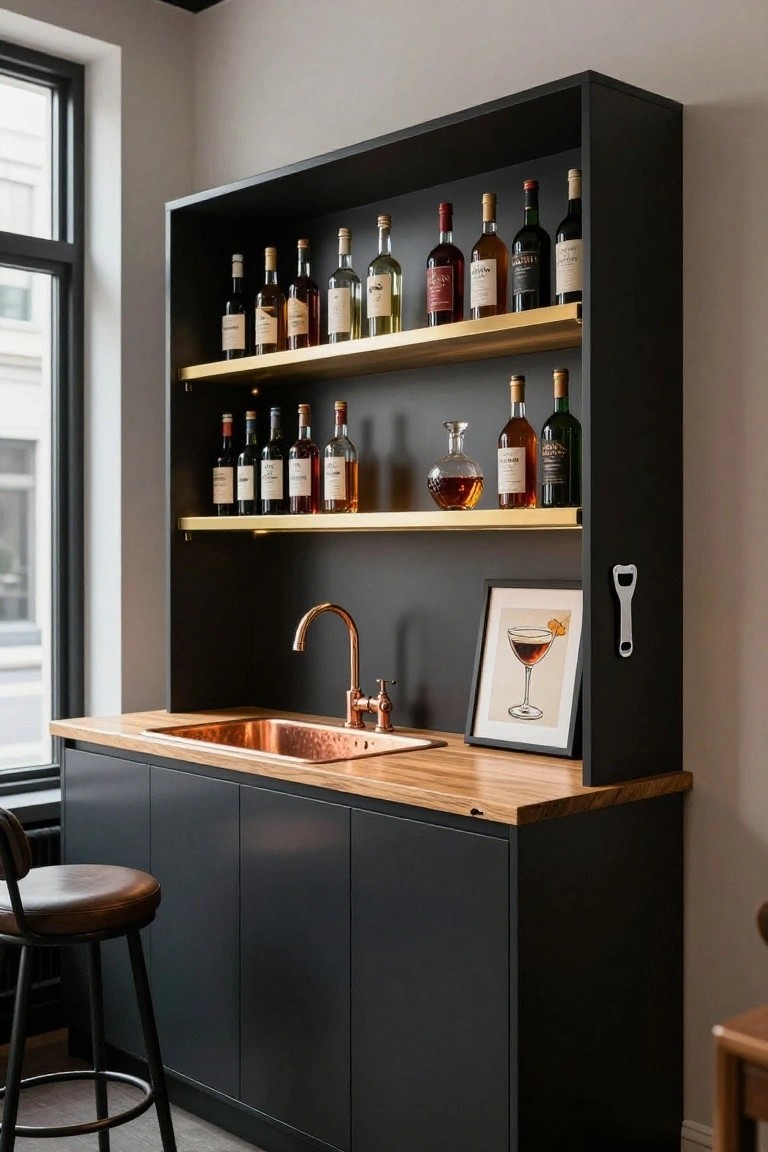Black built-in bar cabinet with gold shelves displaying liquor bottles, copper sink in wooden countertop, framed art, bottle opener, and two stools in a modern interior room.