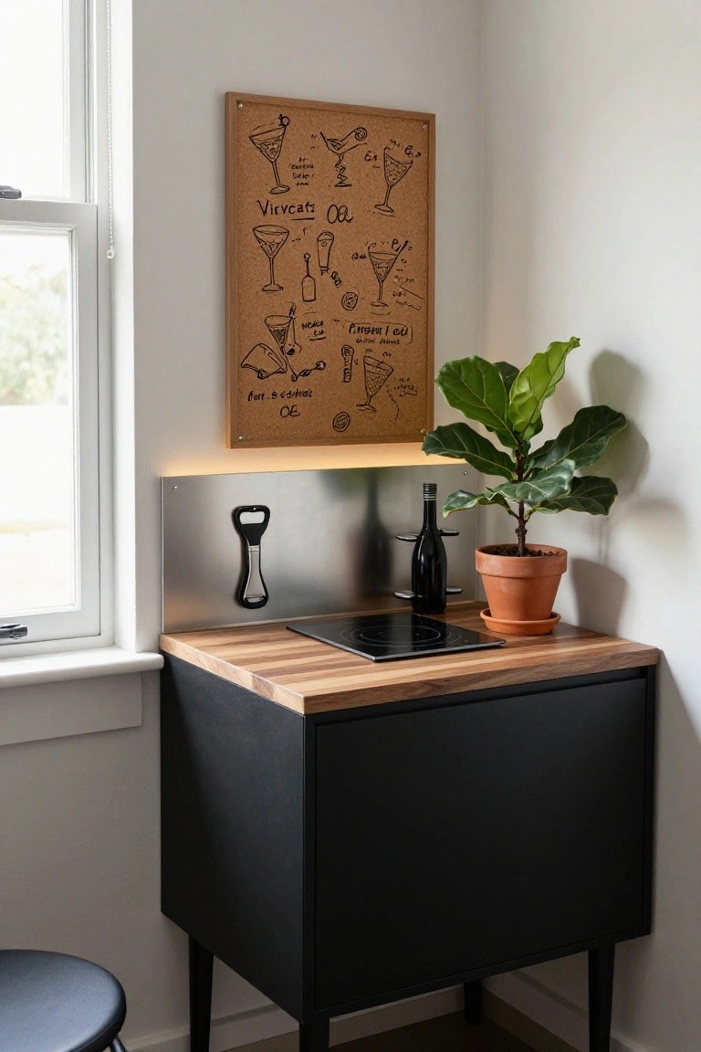 Corner indoor kitchen bar area with wooden countertop and black cabinet base, stainless steel backsplash with magnetic bottle opener, induction cooktop, potted green plant, wine bottle, and corkboard wall art of cocktails next to a window.
