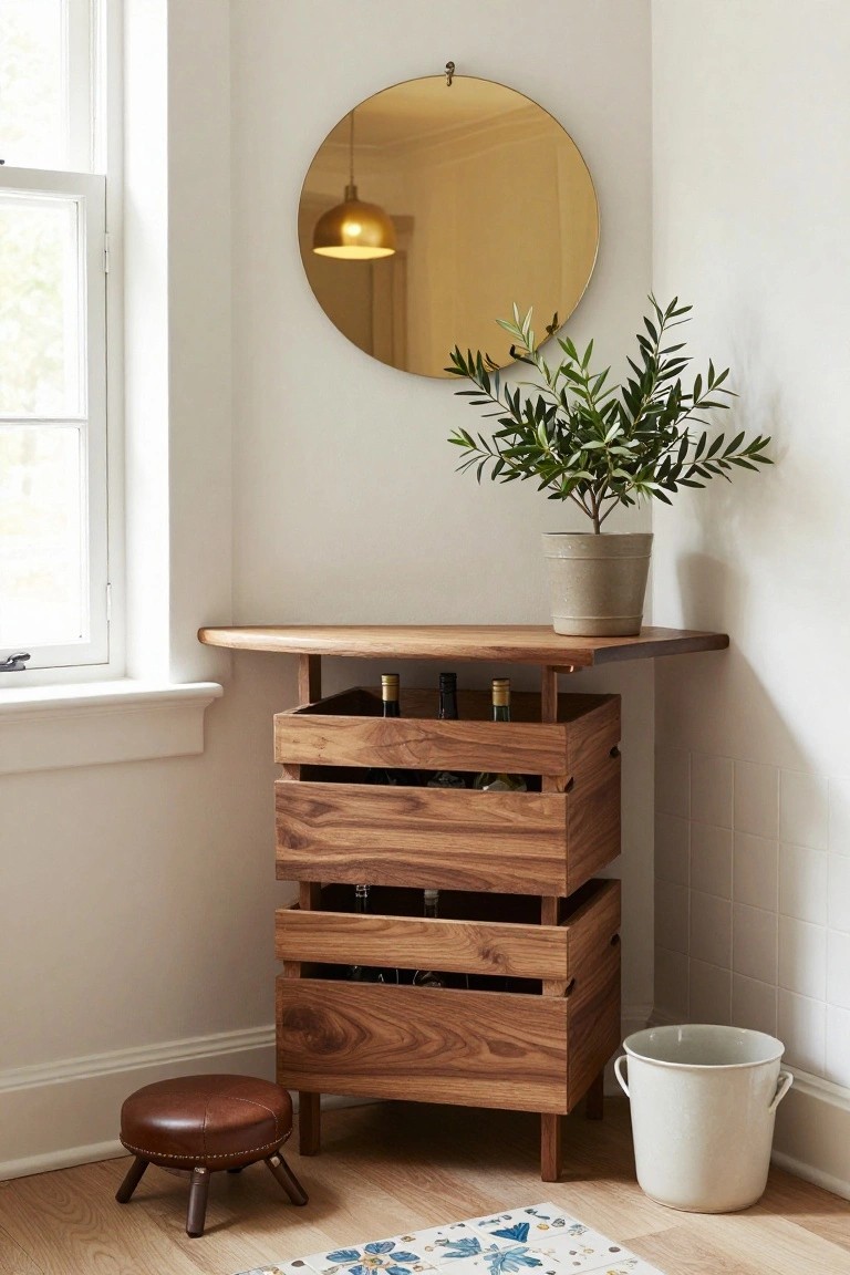 Wooden corner bar cabinet with three stacked open crate shelves storing wine bottles, topped by a curved wood surface, positioned by a white window under a gold round mirror and olive plant in gray pot, with brown leather stool and white bucket on light wood floor.