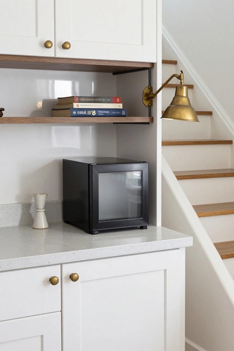 Black mini fridge with glass door on gray quartz countertop next to white cabinets, wood open shelf with books above, brass wall lamp, small white vase, and wooden stairs adjacent.