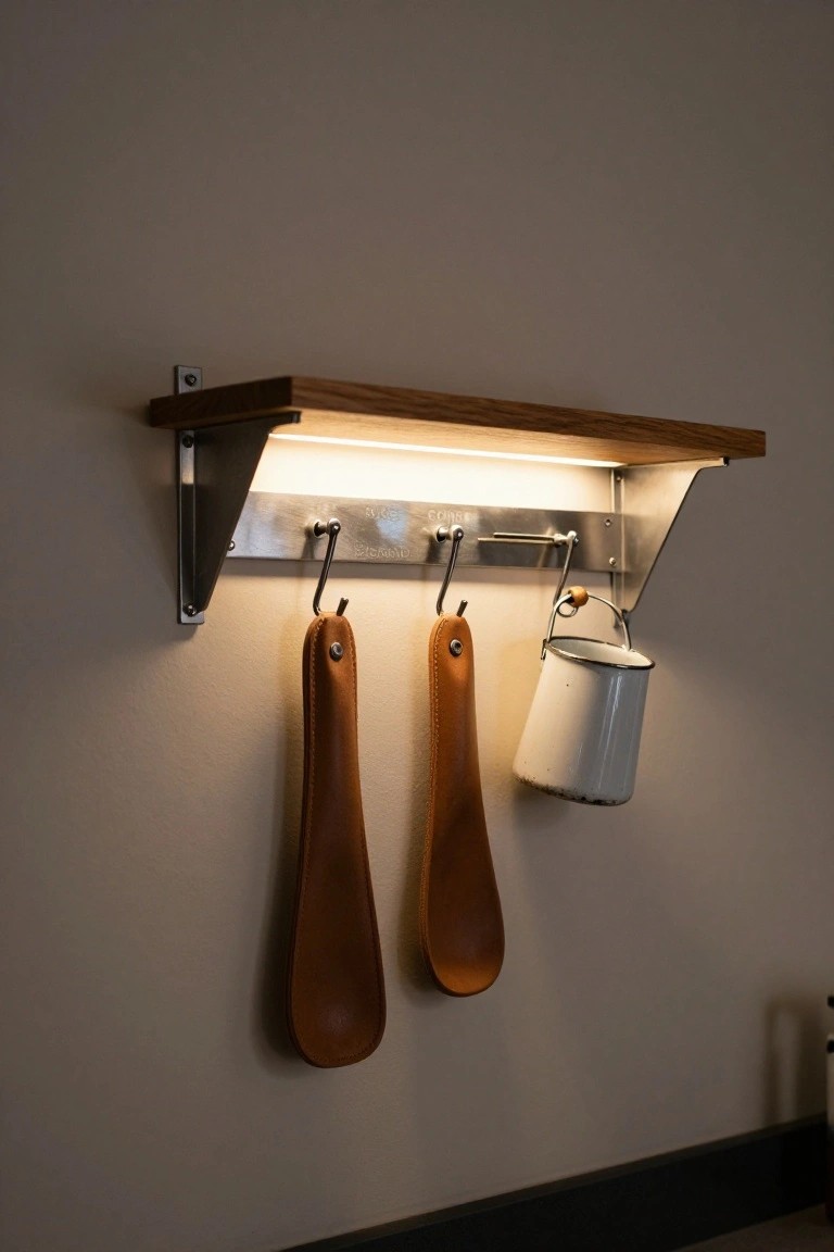 Wall-mounted wooden shelf with integrated LED strip lighting along the edge, metal brackets with hooks holding two brown leather-handled spatulas and a white enamel bucket.