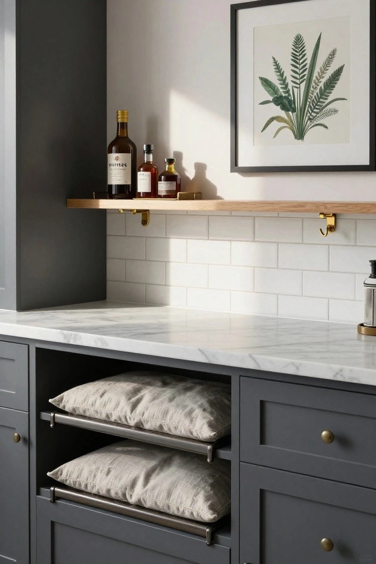 Compact home bar cabinetry in dark gray with white marble countertop, oak shelf holding liquor bottles and jars, white subway tile backsplash, brass hardware, and stacked beige linen cushions on metal rods in the open lower section.