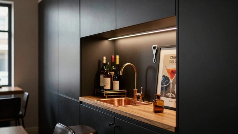 Black built-in bar cabinet with gold shelves displaying liquor bottles, copper sink in wooden countertop, framed art, bottle opener, and two stools in a modern interior room.