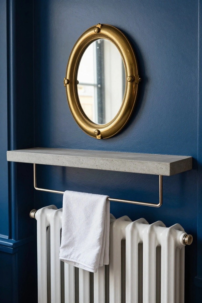 Navy blue wall with brass porthole mirror, concrete floating shelf, brass towel rail holding white towel, and white radiator below.