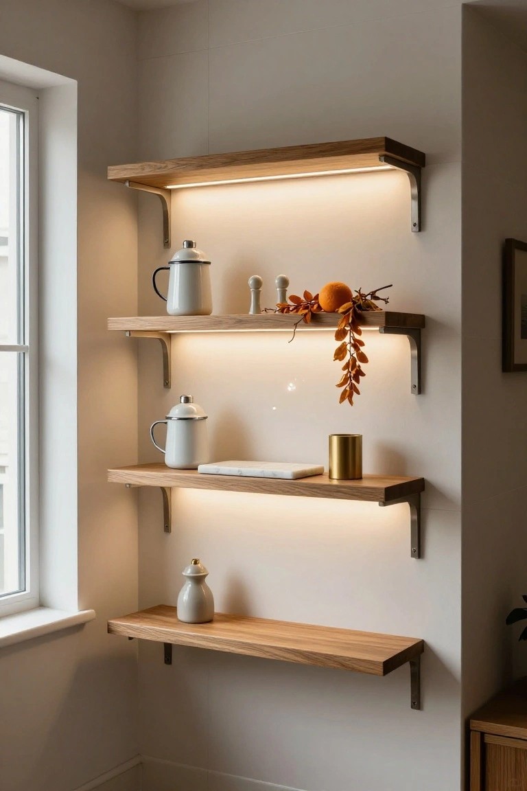Corner indoor wall with four floating oak shelves illuminated by LED strips underneath, displaying white enamelware pitchers, a gray vase, brass cylinder, white book, and orange autumn branches near a white-framed window.