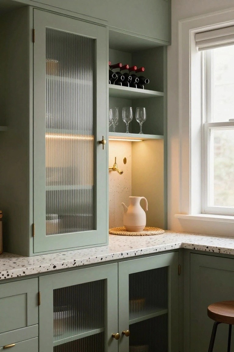 Sage green kitchen cabinets with reeded glass doors displaying wine bottles, glasses, and dishes on open shelves with LED lighting, adjacent to a speckled white countertop with a pink vase on a woven mat and a wooden bar stool.
